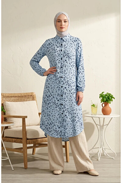 sefamerve Shirt Collar Buttoned Daisy Patterned Tunic 0355-02 Ice Blue