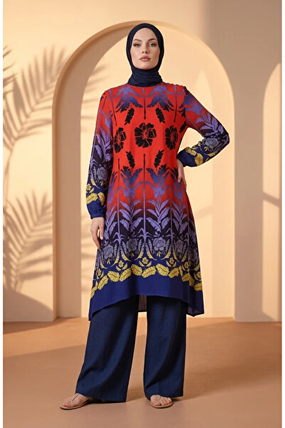 sefamerve Viscose Fabric Patterned Tunic 1008-02 Lilac Navy Blue
