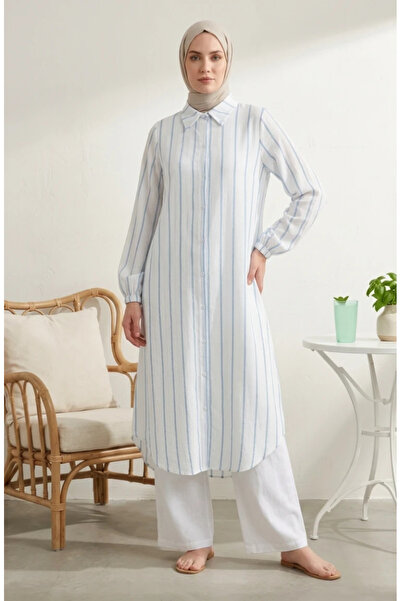 sefamerve Shirt Collar Striped Linen Long Tunic 0354-05 Baby Blue