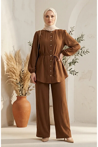 sefamerve Button Detailed Hijab Double Set 2301-03 Taba