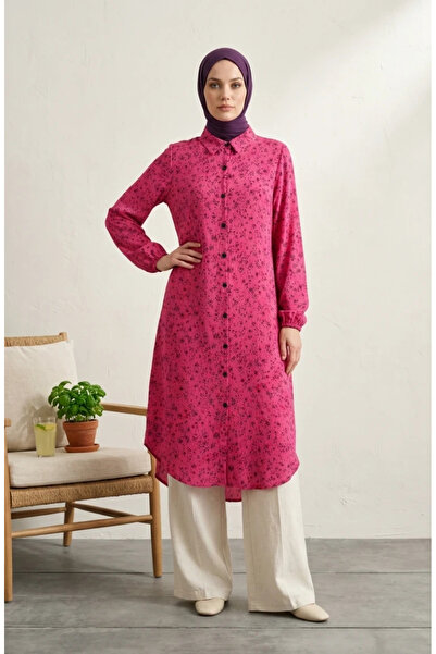 sefamerve Shirt Collar Buttoned Daisy Patterned Tunic 0355-08 Fuchsia