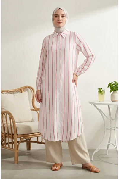 sefamerve Shirt Collar Striped Linen Long Tunic 0354-10 Powder