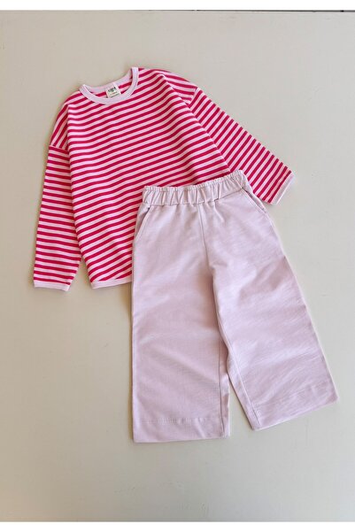 Cigit Oversize Striped Seasonal Set for 2-7 Years Powder Coral Striped