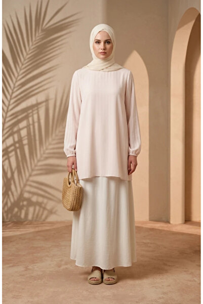 sefamerve Stylish Draped Crepe Fabric Hijab Tunic 1121-01 Cream