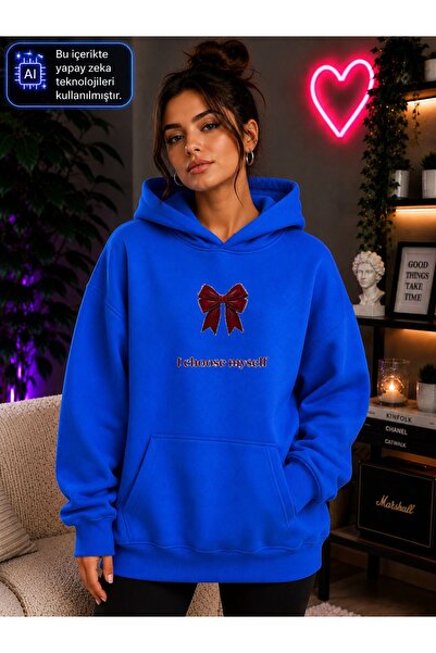 caddekombin Women's Red Bow Printed I Choose Myself Written Hooded Kangaroo P...