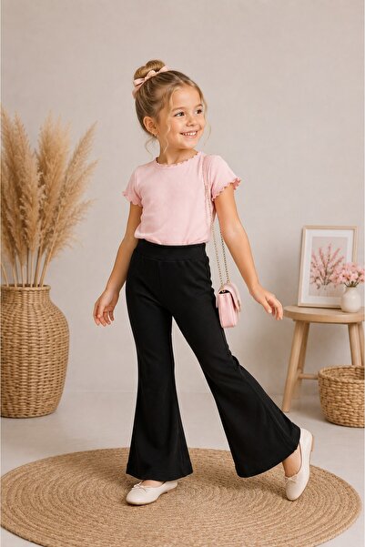 mini kanka Girls' Spanish Style Stretchy Leggings – Beige & Black