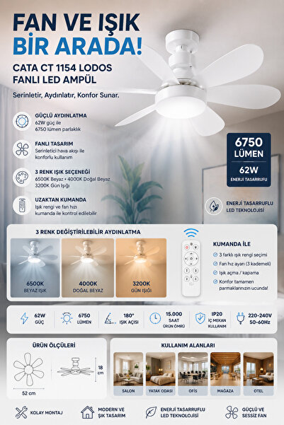 Eco Lounge 1 Adet Cata Ct 1154 Lodos 62w Fanlı Led Ampul 3 Renk