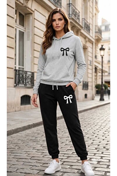 CLOTHES33 Hooded Sweatshirt 2-Piece Combination Winter Embossed Minimal Ribbo...