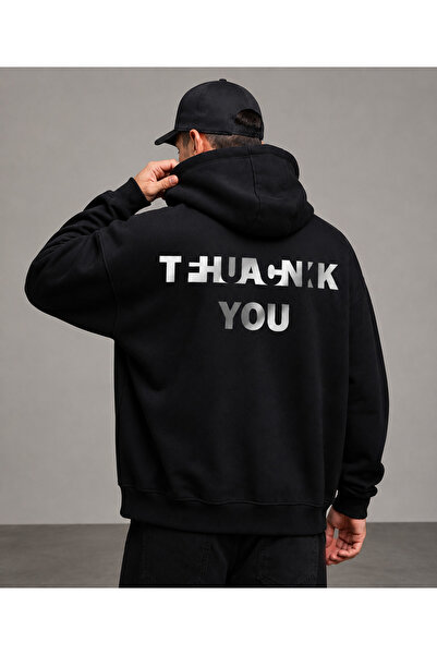 FAVORİST Thank You Printed Men's Compact Combed Cotton Hooded Sweatshirt