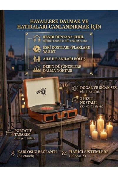 Genel Markalar Bluetoothlu Taşınabilir Pikap Plak Çalar 3 Hız (33/45/78 RPM) Dahili Hoparlörlü AUX Girişli