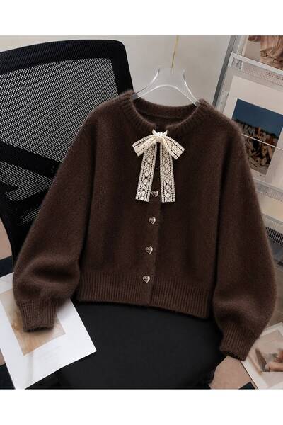 NATUFIAN STORE Women's Bow-Tie Lace-Up Heart-Button Soft Basic Knitwear Cardigan