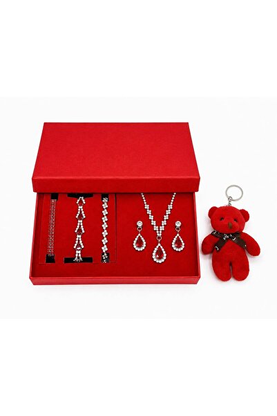 HUBANN Red Stone Silver Color 5-Piece Women's Jewelry Set Necklace Earrings 3...