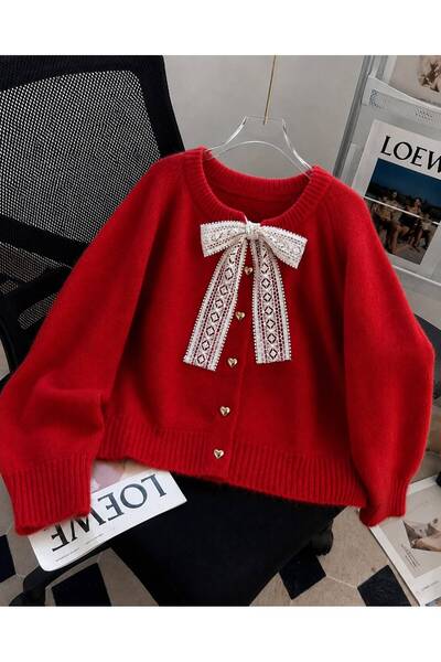 NATUFIAN STORE Women's Bow-Tie Lace-Up Heart-Button Soft Basic Knitwear Cardigan