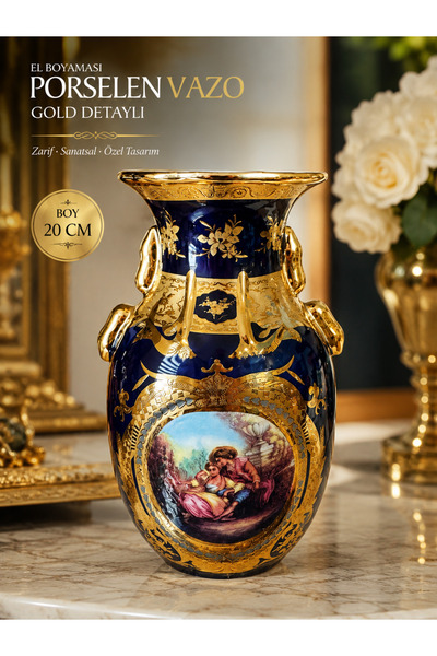 Atak Hediyelik Porselen El Boyaması Gold Detaylı Dekoratif Vazo – 20 cm kolek...