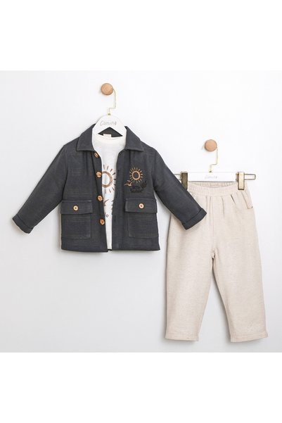EDM Kidss Boy's 3-Piece Set: Sun Embroidered Jacket, Printed T-Shirt and Pants – Casual and Special Occasion Combination