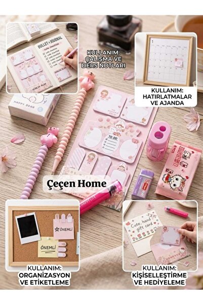 ÇEÇEN HOME 8 Parça Kawaii Pembe Ayıcık Temalı Okul Kırtasiye Seti - Yapışkanl...