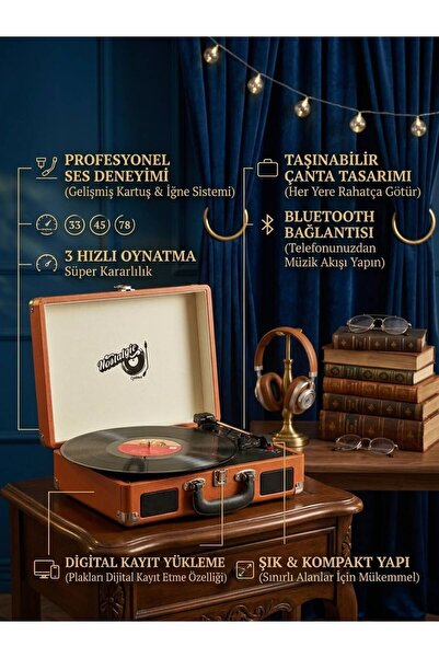 Genel Markalar Bluetoothlu Taşınabilir Pikap Plak Çalar 3 Hız (33/45/78 RPM) Dahili Hoparlörlü AUX Girişli