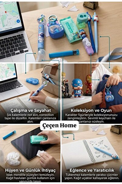 ÇEÇEN HOME Mavi Astronot ve Karakter Temalı Okul Kırtasiye Seti - Stitch Anah...