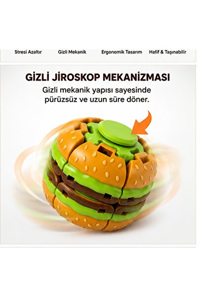 CNGZSHOP Hamburger Bas Döndür Stres Topu Stres Giderici Mekanizmalı Renkli Fidget Spinner Spinball Top Oyuncak