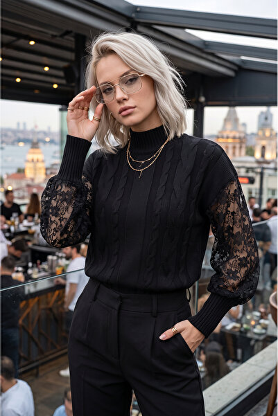 SAYZEN YOUR SHİNE Women's Knitwear Sweater with Lace Sleeves and Braided Hair...