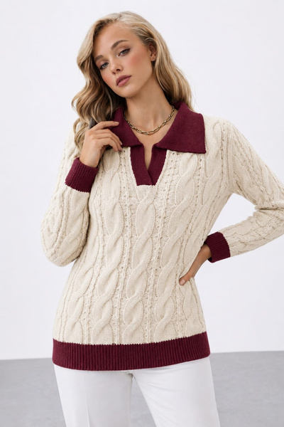 H&E LUXURY DESIGN Women's Ecru Claret Red Detailed Hair Braided Knitwear Swea...