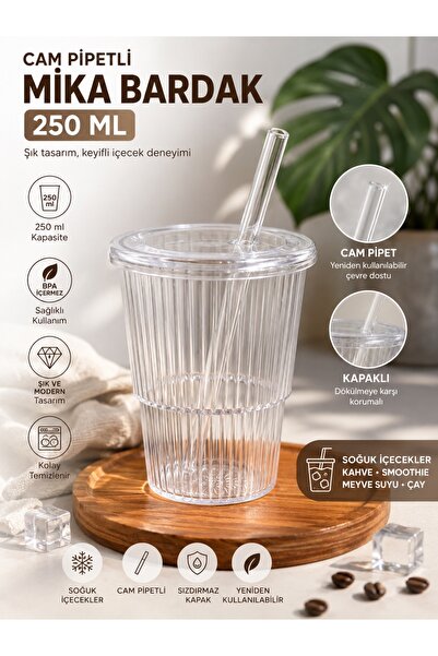 kumkumticaret Glass Mica Cup with Straw 250 ml Transparent Cold Drink Coffee ...