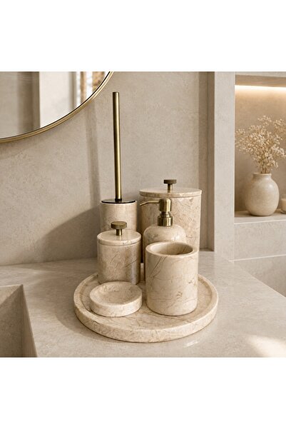 LİSPERA Beige Marble Seven-Piece Bathroom Set with Metal Fittings