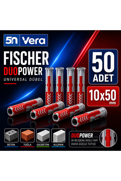 Fischer Duopower 10X50 mm Universal Dübel 50 Adet | Beton Tuğla Gazbeton Alçı...