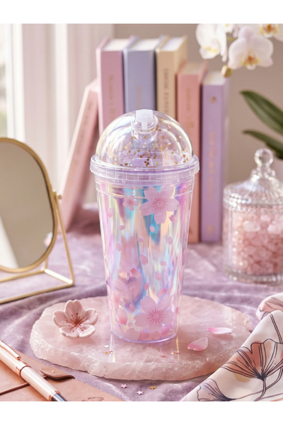 Dörtel Tedarik Glittery Floral Patterned Double-Walled Water Bottle with Straw