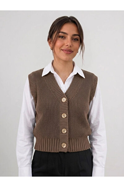 bulutteks (KOYU BEJ)Kadın Triko Yelek –suveter model Esnek Kışlık Kısa Model,...