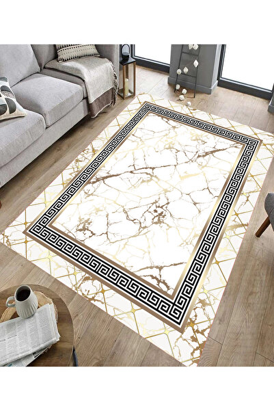 GNL HOME Beyaz Gold Mermer Desenli Kaymaz Taban Dijital Baskı Yıkanabilir Sal...