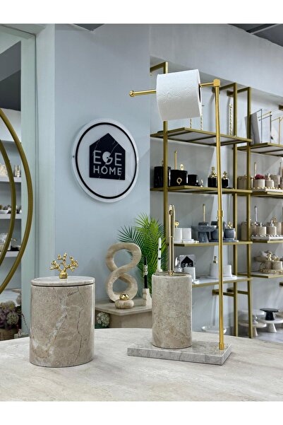 Ege Home Decoration Decorative Beige Natural Marble Trash Can/ Toilet Brush W...