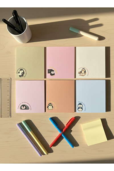 Renkli Zeka 6'lı Penguen Desenli Memopad Seti, (10x10) 110 gr Kalın Kağıt Not...