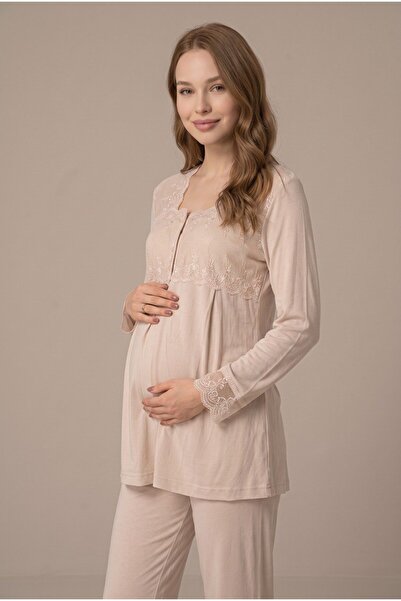 LOHOUSE Women's Beige Long Sleeve Lace Maternity Pajama Set for Easy Breastfe...