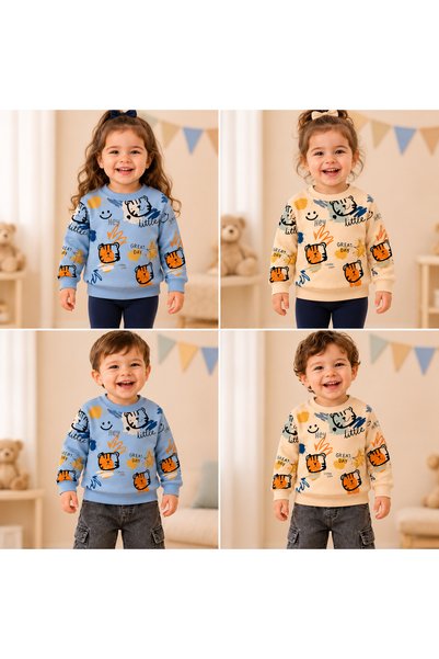 BENBİLGE Girl's and Boy's Baby 2-Piece Sweatshirt with Tiger Pattern, 3-Yarn Diagonal Non-Raised Crew Neck Top - Ecru and Blue Colors