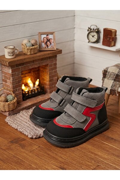 nuh kids Genuine Leather Grey-Black Daily Orthopedic Boys' Boots