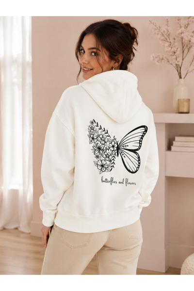 FAVORİST Women's Butterfly & Flowers Printed Hooded Sweatshirt