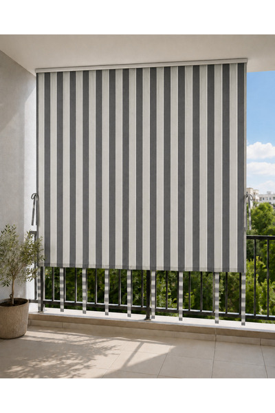 SHY TEKSTİL Antrasit Gri Balkon Perdesi Üst Kornişli, Bağcıklı, Güneş ve Rüzg...