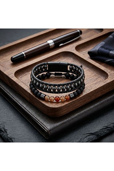 toptanhanem Men's Black Leather Bracelet, Hematite Stone and Steel Magnet Cli...