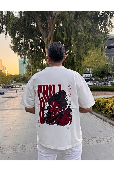 Erkek Ekru/Beyaz Özel Tasarım Chill Baskılı Yarım Oversize Tişört