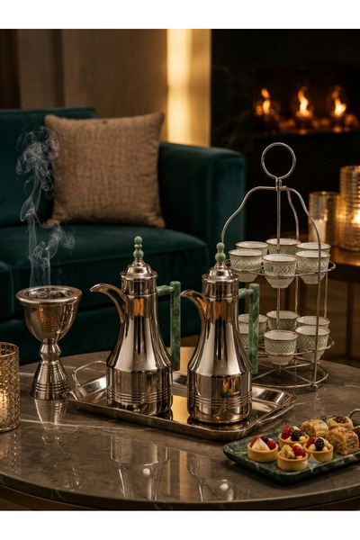 Generic Brand 1+1 Green Handle Silver Steel Tea and Coffee Set with Silver Me...