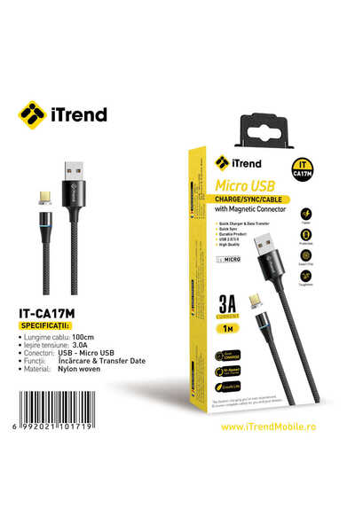 itrend Cablu Magnetic USB la Micro USB IT-CA17M, 1 m, Încărcare Rapidă 3A, Ny...