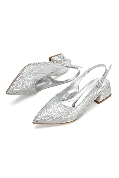 MFT AYAKKABI Women's Silver Open-Back Thick Heeled Patterned Evening Dress Shoes