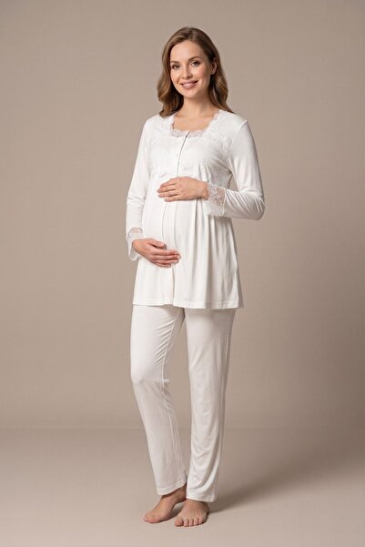 LOHOUSE Women's Ecru Long Sleeve Lace Maternity Pajama Set for Easy Breastfee...