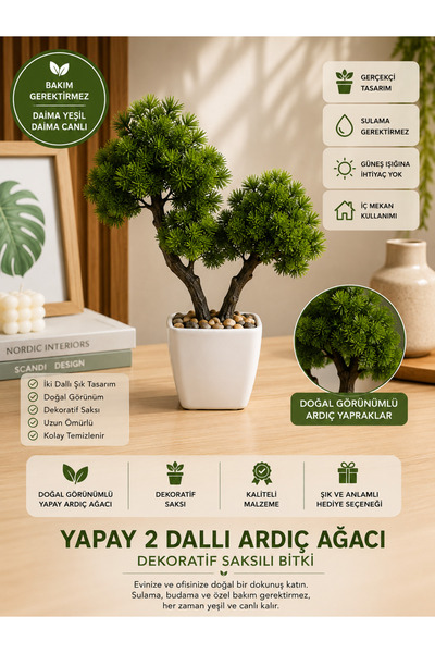 A&N Florya Vadi Yapay Ardıç Ağacı 2 Dallı Dekoratif Saksılı Yapay Bitki Bonsa...