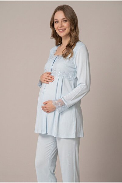 LOHOUSE Women's Blue Long Sleeve Lace Maternity Pajama Set for Easy Breastfee...