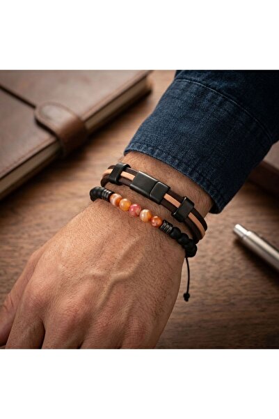 toptanhanem Special Series 2-Piece Combination Men's Brown Tan Leather Bracel...