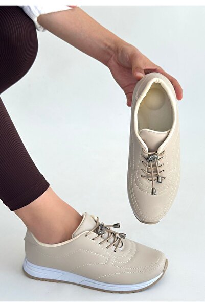 NESSİMO Beige Leather Lace-Up Sneakers