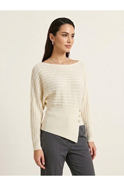 ON TRİKO Boat Neck Button Detailed Asymmetrical Cut Knitwear Sweater 15356