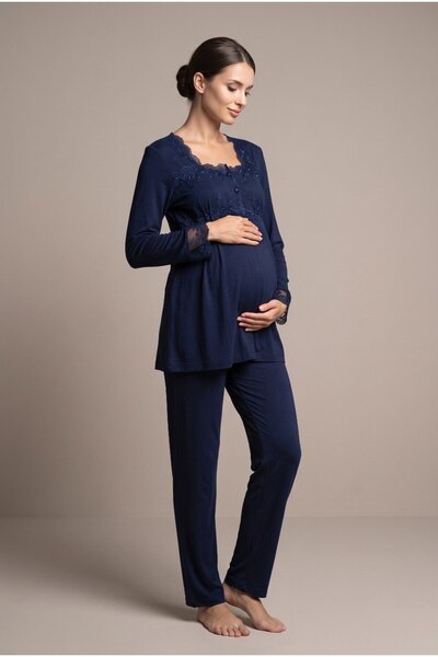 LOHOUSE Women's Navy Blue Long Sleeve Lace Maternity Pajama Set for Easy Brea...
